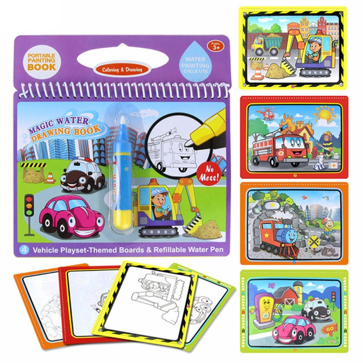 Kids magic water drawing book with vehicle playset boards and refillable water pen