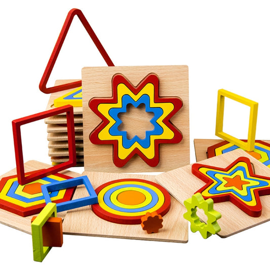 DIY Creative 3D Wooden Puzzle Geometry Shape Puzzle Children Educational Toys, Flower, Square, Oval, Polygon, Quadrilateral, Gear Shape, Round, Hexagon, Triangle, Pentagram