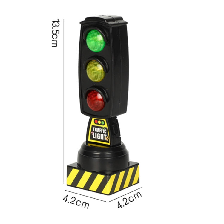 Black toy traffic light size diagram with green, yellow, and red LED signal lenses