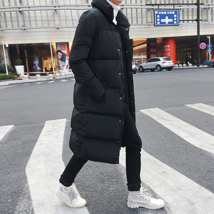 Men's black long puffer down jacket, button front, slim fit, long sleeves, side view