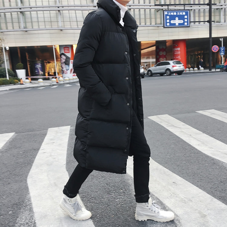 Men's black long puffer down jacket with button closure, quilted insulation, side pose