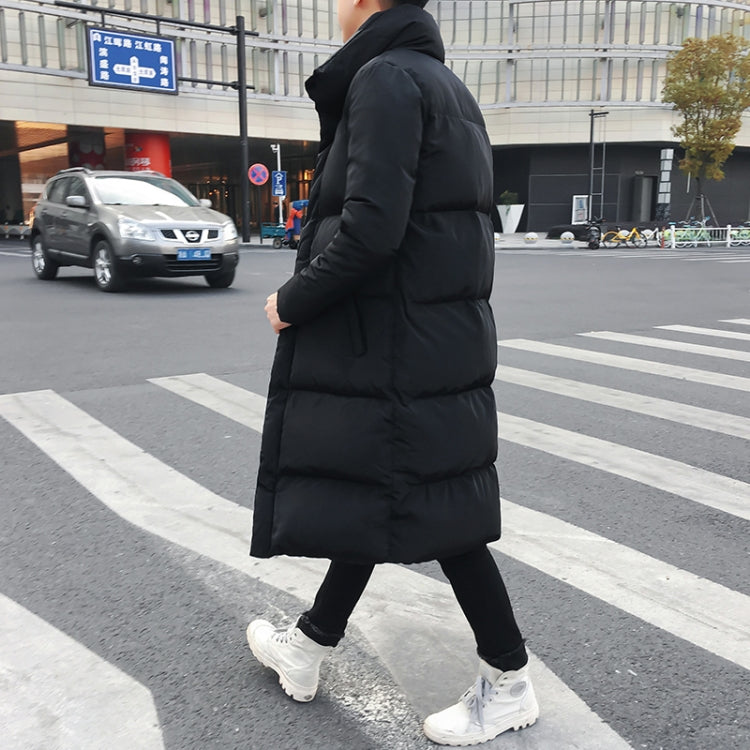 Men's black long puffer down coat back view, high collar, button closure, standing