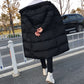 Men's black long puffer down coat, quilted panels, button front, side pocket detail