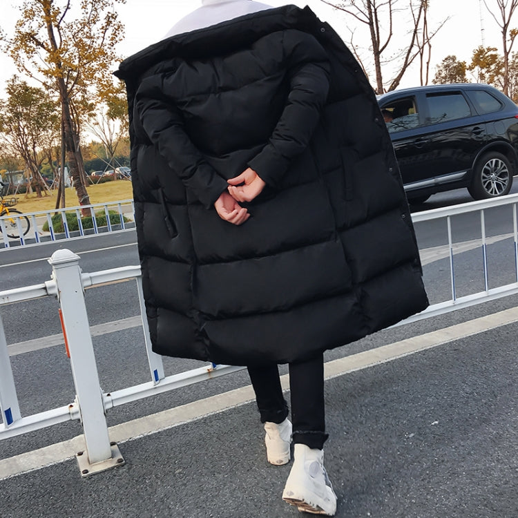 Men's black long puffer down coat, quilted panels, button front, side pocket detail