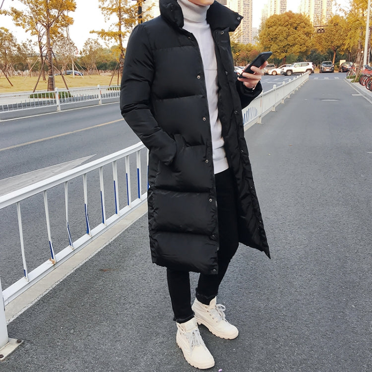 Men's black long puffer down coat with high collar, button closure, standing front