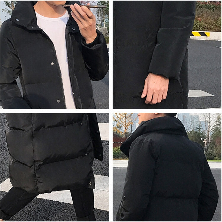 Men's black long puffer down jacket close-up: button front, quilted stitching, pockets