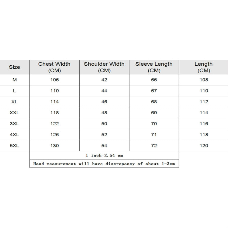 Size chart table: chest width, shoulder width, sleeve length, and coat length in cm