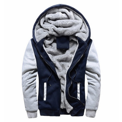 Men's hooded winter parka, navy and gray colorblock, plush fleece lining, zip front