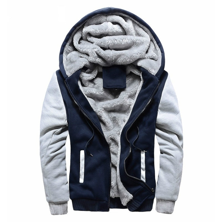 Men's hooded winter parka, navy and gray colorblock, warm fleece hood lining, zip front