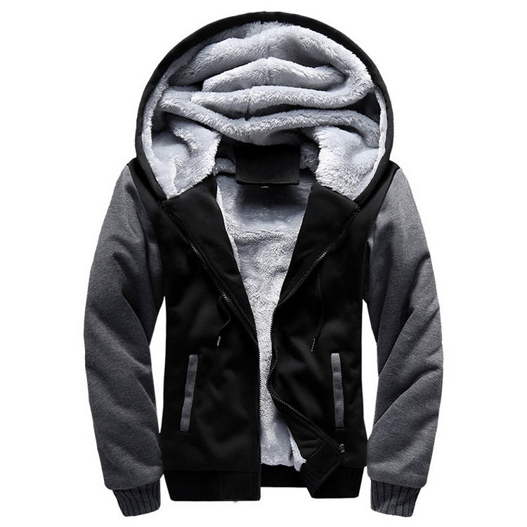Men's hooded winter parka in dark gray/black with plush fleece lining and zip front
