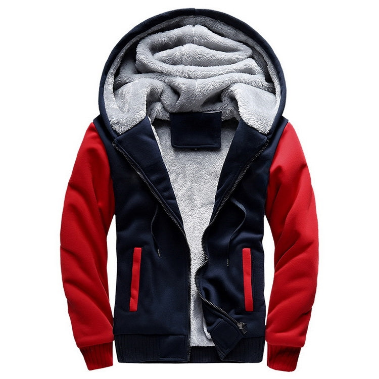 Men's hooded winter parka with red and navy colorblock, plush lining, zip front