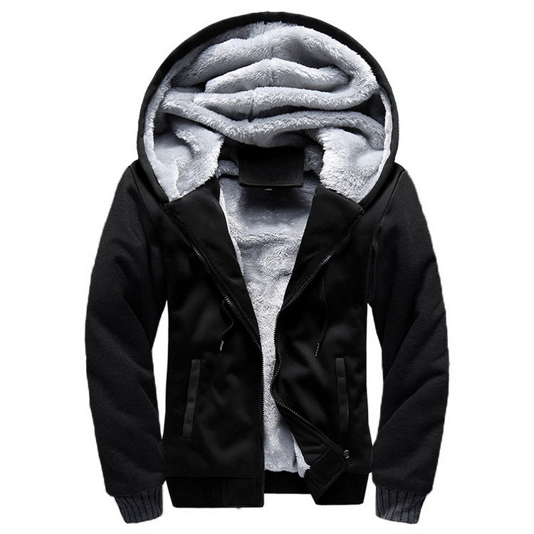 Men's hooded winter parka in black, plush fleece lining, front zip and interior hood