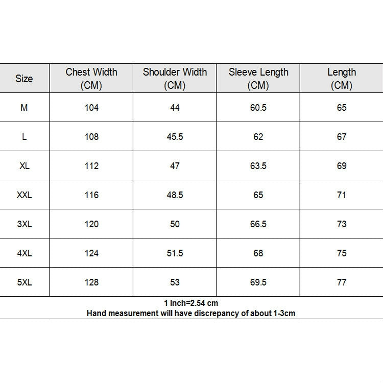 Men's parka size chart table with chest, shoulder, sleeve length and length (cm)