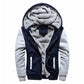 Men's hooded winter parka with faux-fur lined hood, light gray and navy colorblock front zip