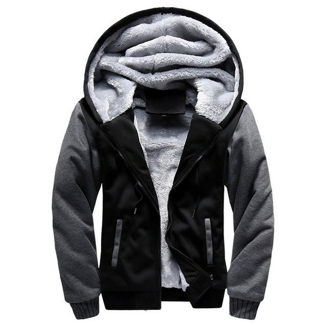 Men's hooded winter parka, faux-fur lined hood, charcoal gray and black colorblock front zip