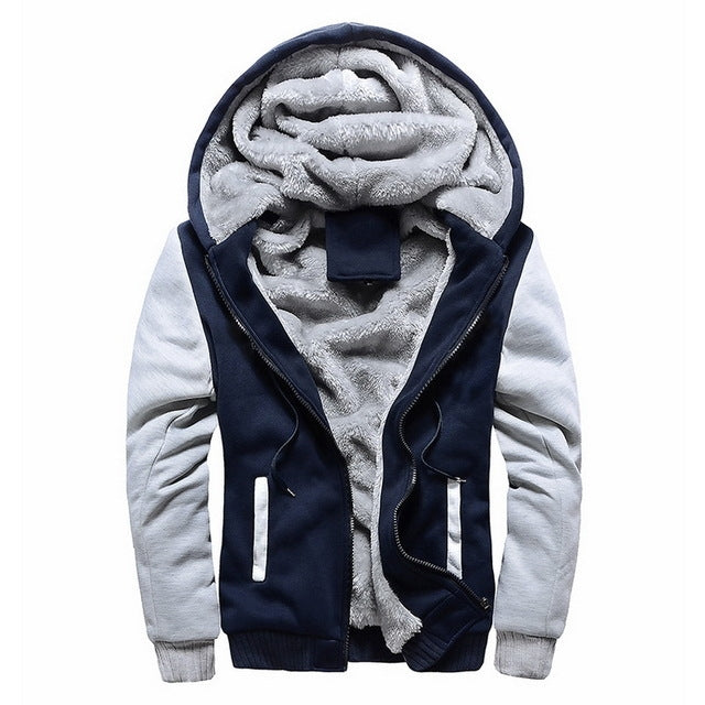 Men's winter parka with hood, two-tone navy and light gray, fleece-lined interior