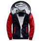 Men's winter parka with hood, red sleeves over navy front, fleece-lined interior