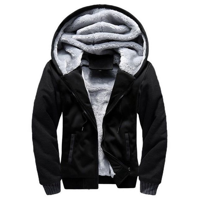 Men's winter parka with hood, black shell, fleece-lined interior and front zip