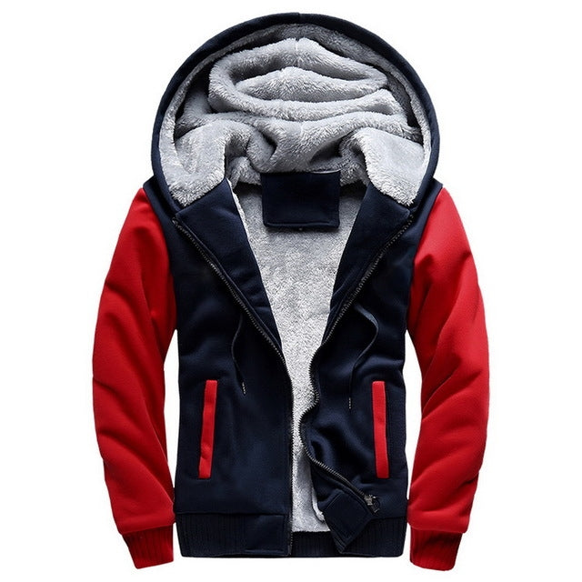 Men's winter parka with hood, red and navy panels, fleece lining and front zip