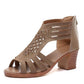 Apricot peep-toe cutout wedge sandals with rhinestone lattice straps and chunky heel