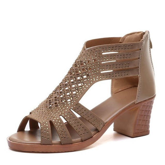 Apricot peep-toe cutout wedge sandals with rhinestone lattice straps and chunky heel