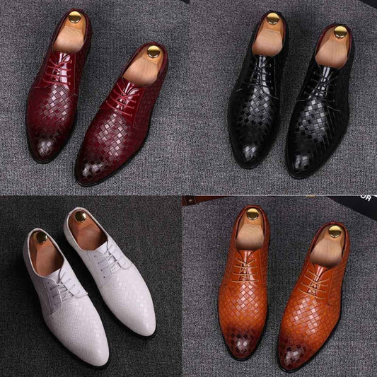 Men's lace-up dress shoes in red and black crocodile texture, pointed toe