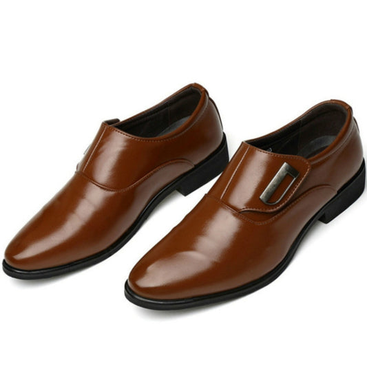Brown men's dress shoes with pointed toes, metal buckle accents, and black soles