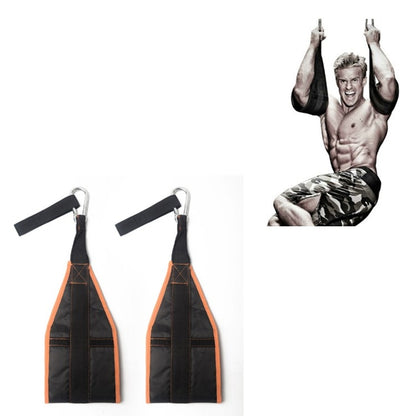 Orange and black pull-up training straps with metal carabiner hooks