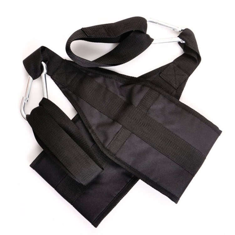 Black pull-up training belt with woven straps and metal carabiner hooks