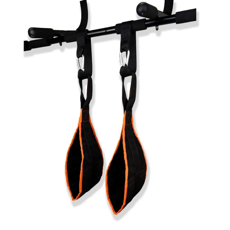 Orange and black pull-up training straps mounted on a bar with hooks