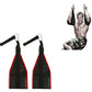 Red and black pull-up training straps with metal carabiner hooks