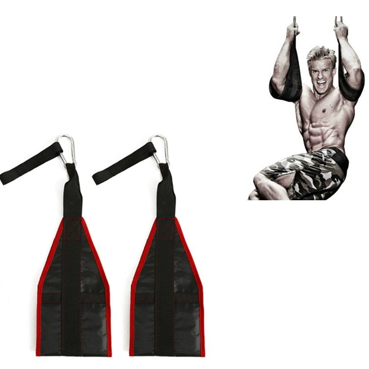 Red and black pull-up training straps with metal carabiner hooks