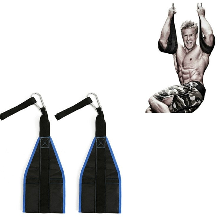 Blue and black pull-up training straps with metal carabiner hooks