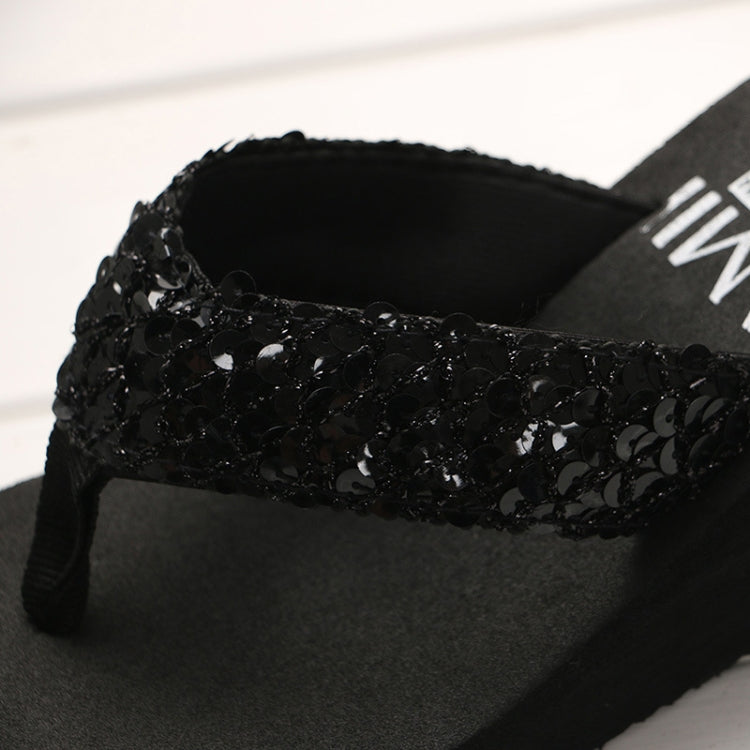 Black sequin thong wedge flip-flop with cushioned black footbed