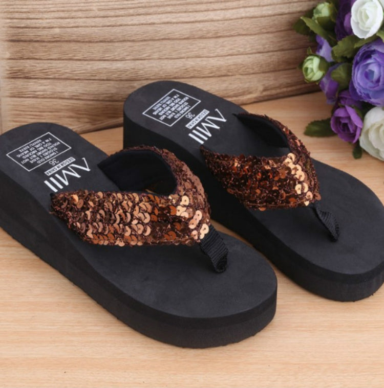 Brown sequin wedge flip-flops with thong straps and black sole