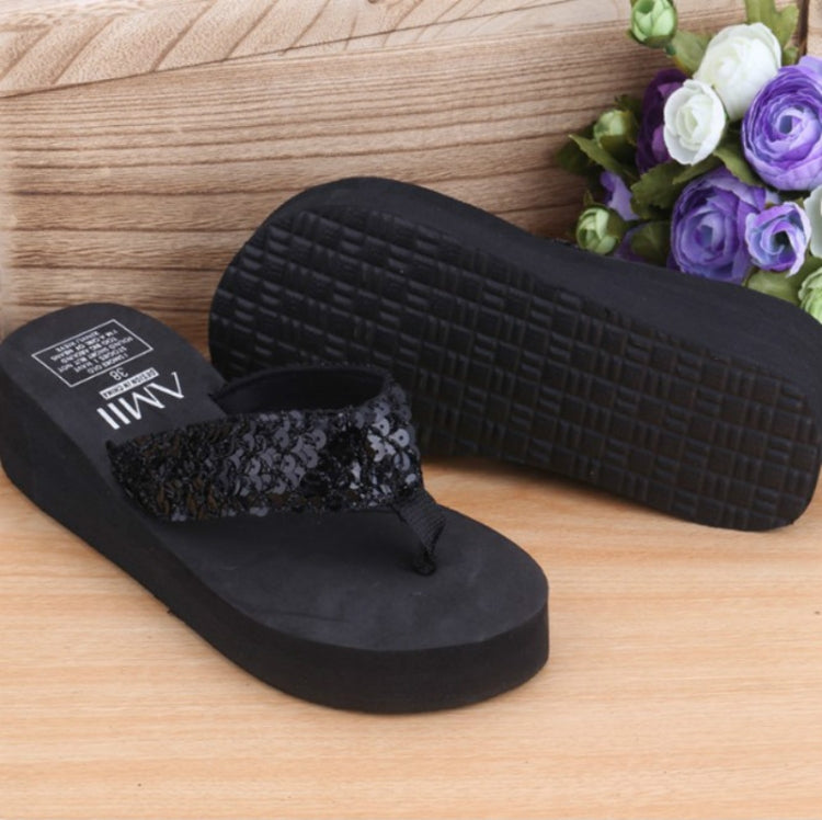 Sequin wedge flip-flop sandals with black sequin strap and visible textured sole