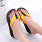 Orange wedge flip-flops with black thong straps and textured platform sole