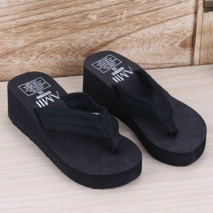Black wedge thong flip-flops with black toe strap and cushioned platform
