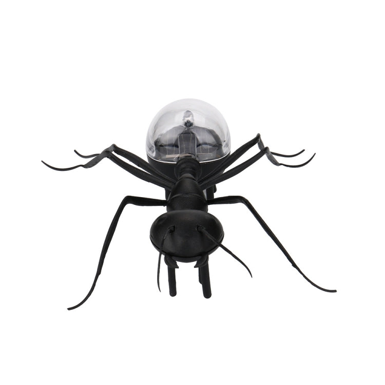 Black ant robot toy with clear dome solar light on rounded body, wide leg stance
