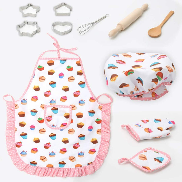 Kids chef play set with pink cupcake apron, chef hat, and small matching kitchen tools