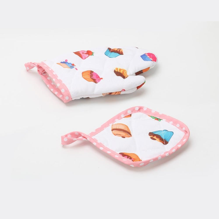 Kids chef hat and small oven mitt pair with pink dotted trim and dessert print