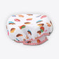 Kids chef hat with white fabric, colorful cupcake print, and pink dotted ruffle brim