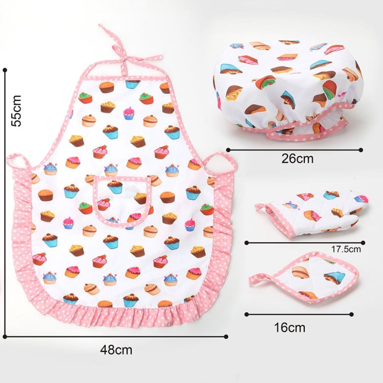 Kids baking role-play set: pink cupcake apron, chef hat, and matching oven mitts