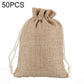 Beige linen jute drawstring gift bag with gathered top and tied cords