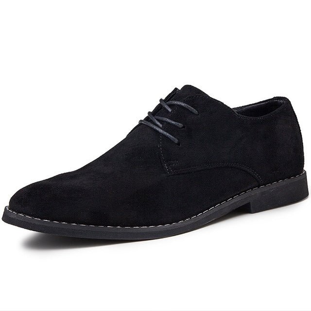 Men's black suede oxford shoes with lace-up front and rubber sole