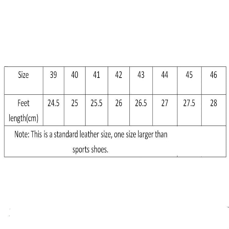 Shoe size chart for men's oxford shoes: sizes 39 to 46 with foot lengths