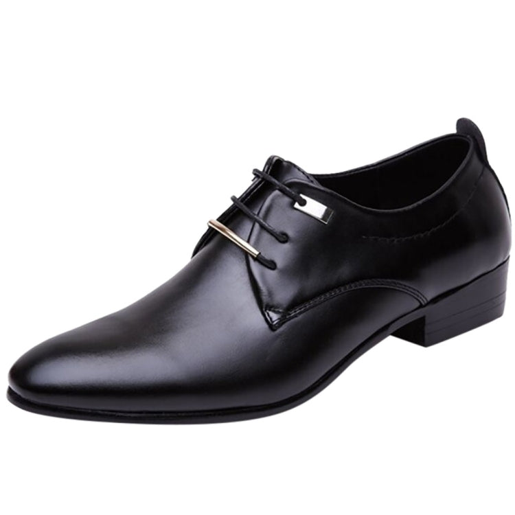 Black pointed-toe lace-up dress shoes with side seam detail and low block heel