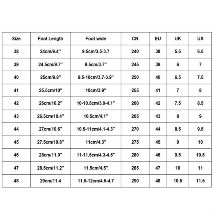 Men's shoe size chart table with foot length, width, and EU/UK/US sizes