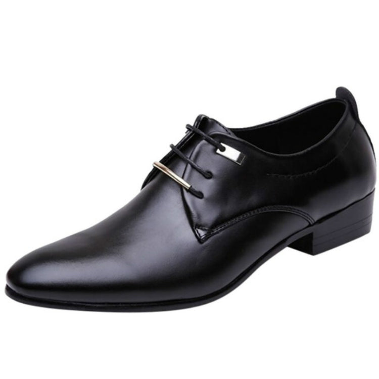 Black pointed-toe lace-up dress shoes with low block heel and metal lace accents