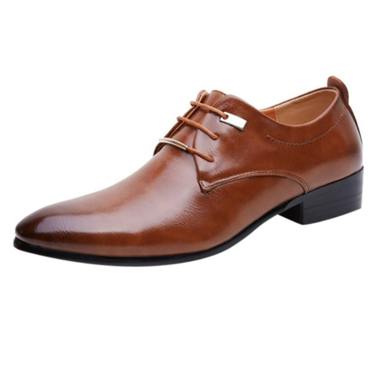 Men's brown pointed-toe lace-up dress shoe with metal bar detail, smooth leather finish